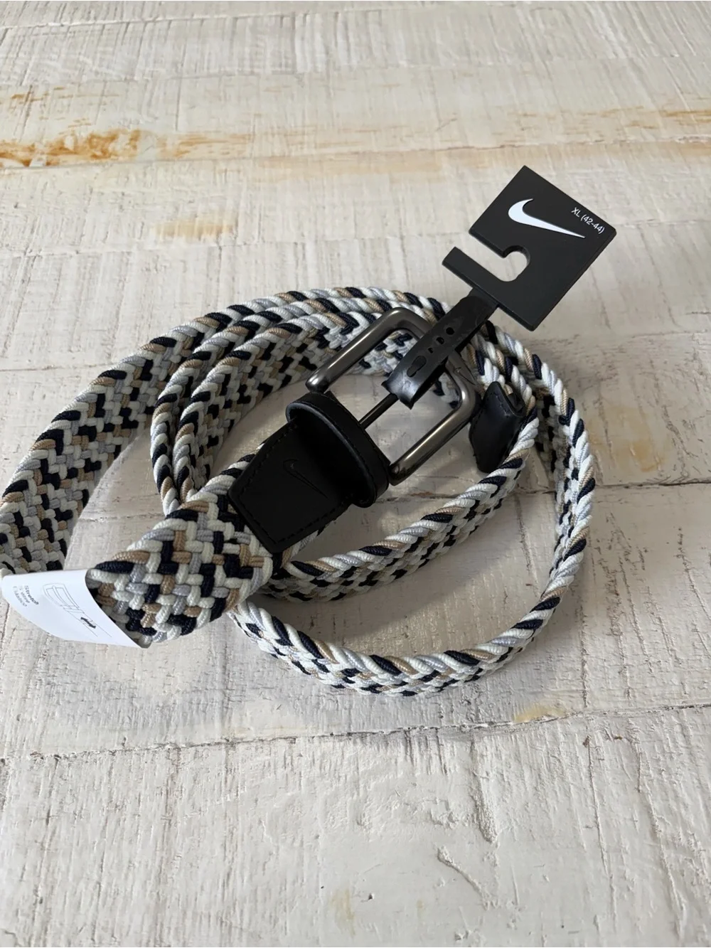 Nike Men's Woven Stretch Belt NWT size XL 42-44 Braided Nylon Khaki White Black